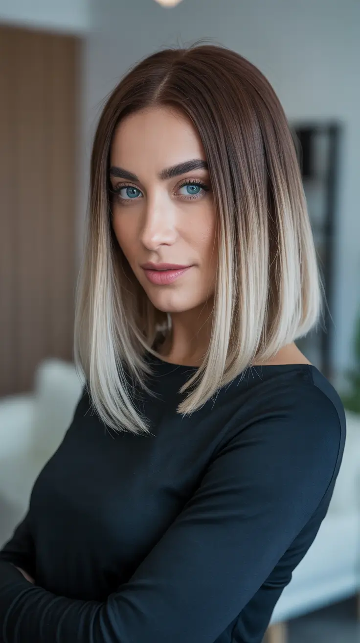 Stylish medium length haircuts 2026 - Sleek Ombre Lob With Sharp Middle Part