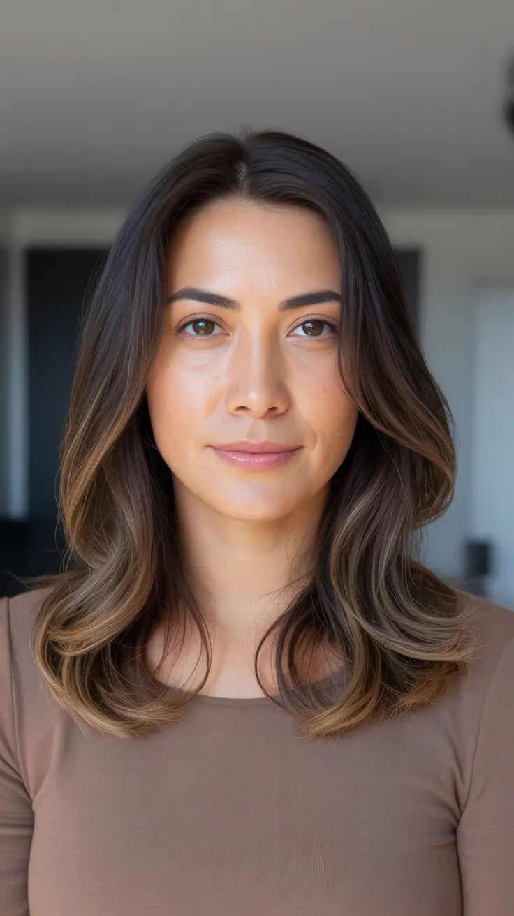 Stylish medium length haircuts 2026 Soft Brunette C-Curve Lob For Fine, Sleek Movement