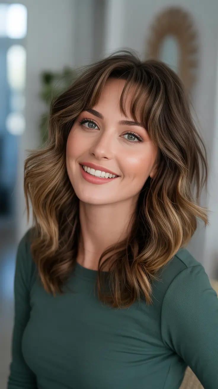Stylish medium length haircuts 2026 - Bronde Waves With Airy Curtain Fringe
