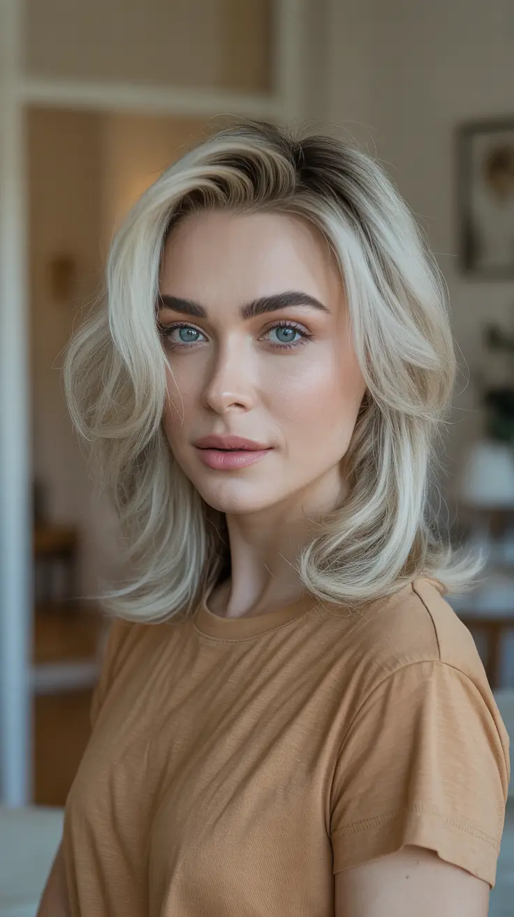 Stylish medium length haircuts 2026 Feathered Platinum Layers With Airy Volume