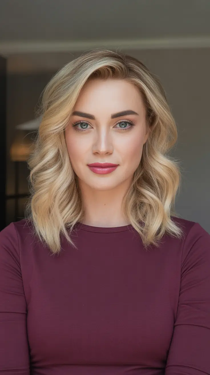 Stylish medium length haircuts 2026 - Polished Blonde Lob With Deep Side Part