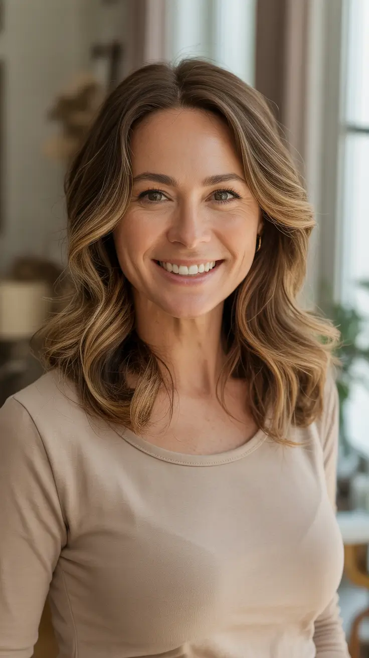 Stylish medium length haircuts 2026 - Soft Caramel Waves With Natural Middle Part