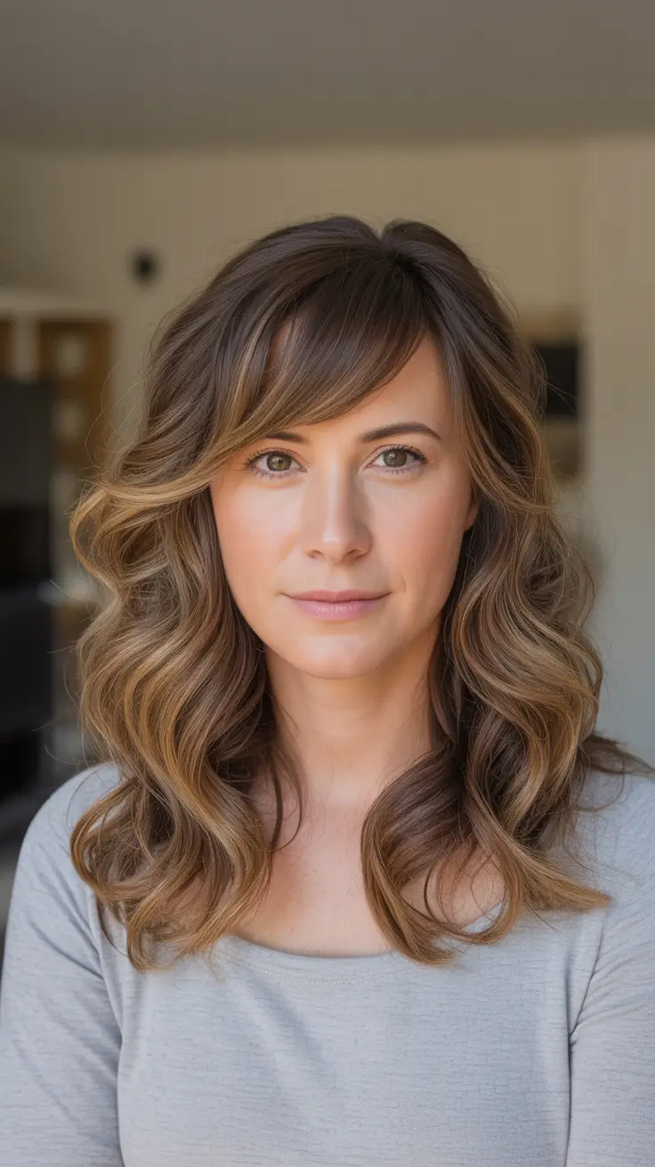 Stylish medium length haircuts 2026 Side Part Volume Waves With Soft Sweep Bangs