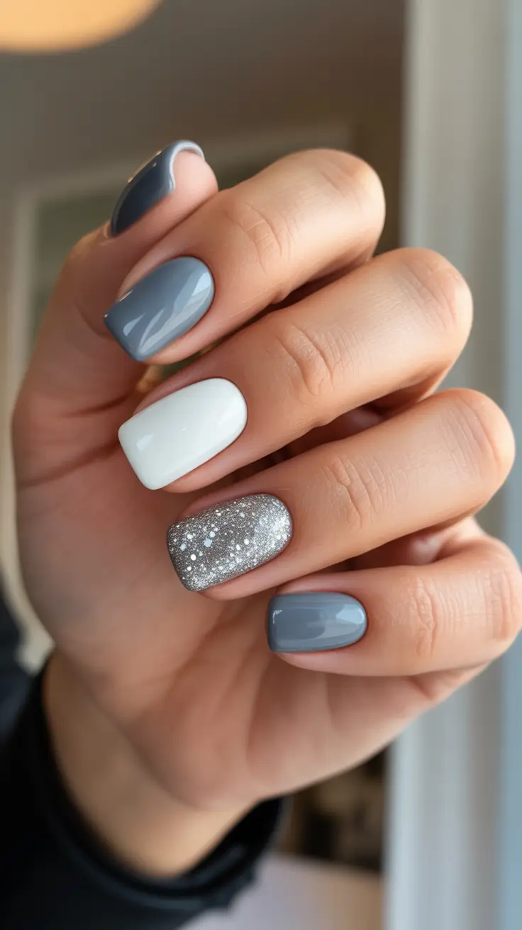 nail design trends 2026 Cool Grey Glitter Accent Nails