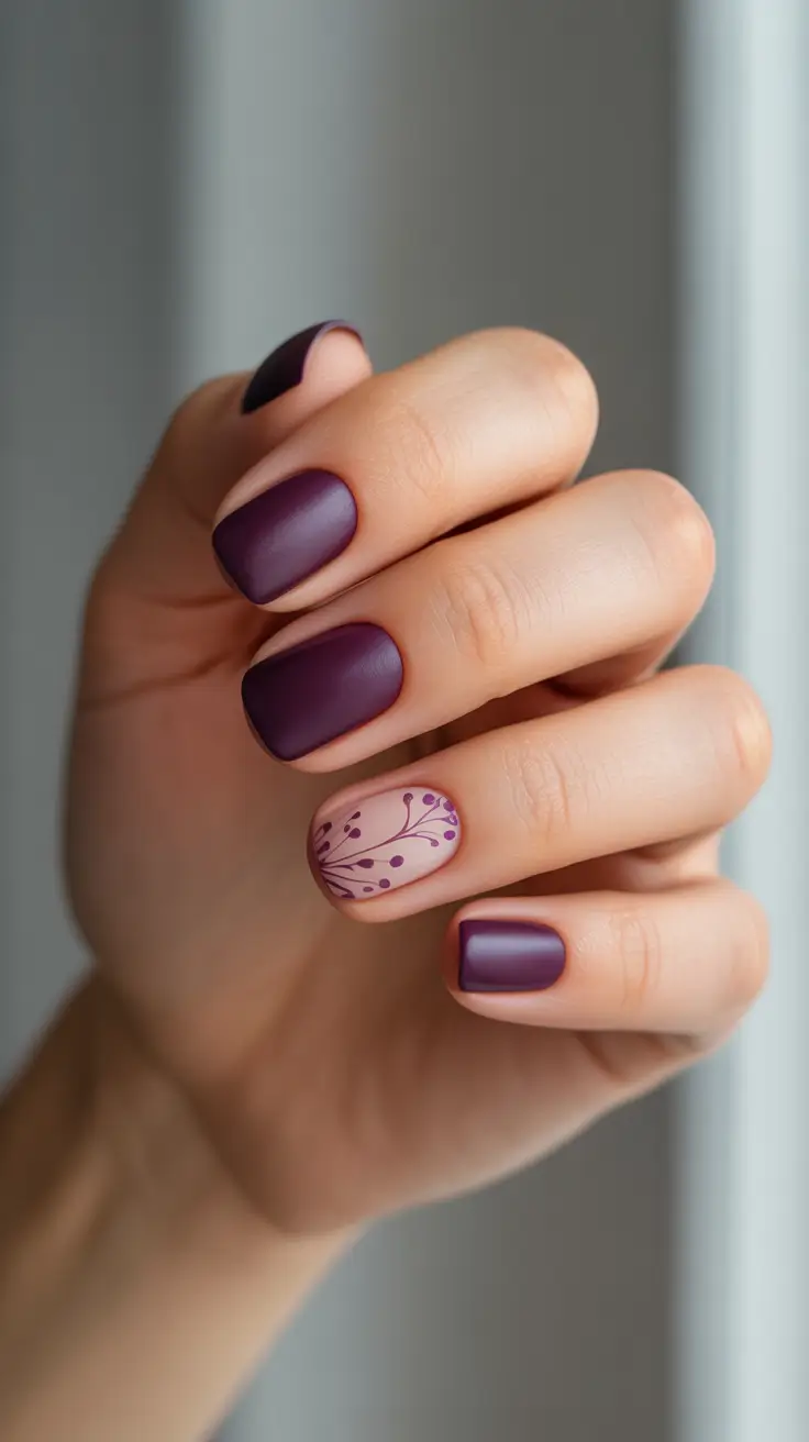 nail design trends 2026 Velvety Plum Botanical Accent Nails