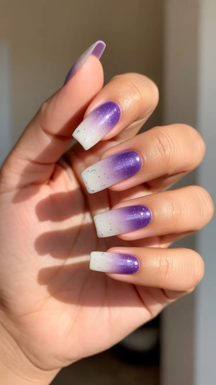 nail design trends 2026 Purple Sparkle Ombre Square Tips