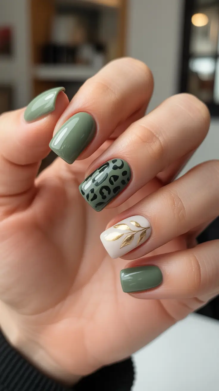 nail design trends 2026 Soft Green Leopard And Gold Leaf Nails