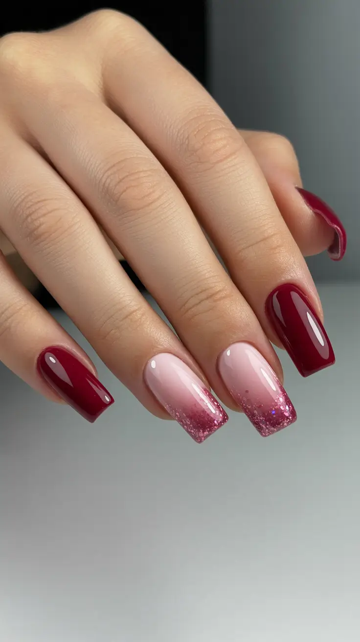 nail design trends 2026 Sparkling Burgundy Ombre Squares