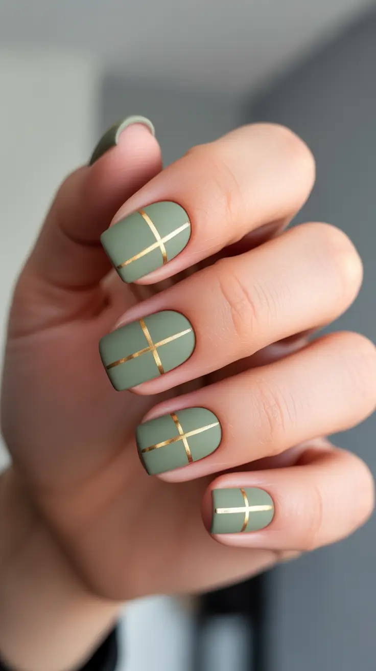 nail design trends 2026 Matte Sage Gold Grid