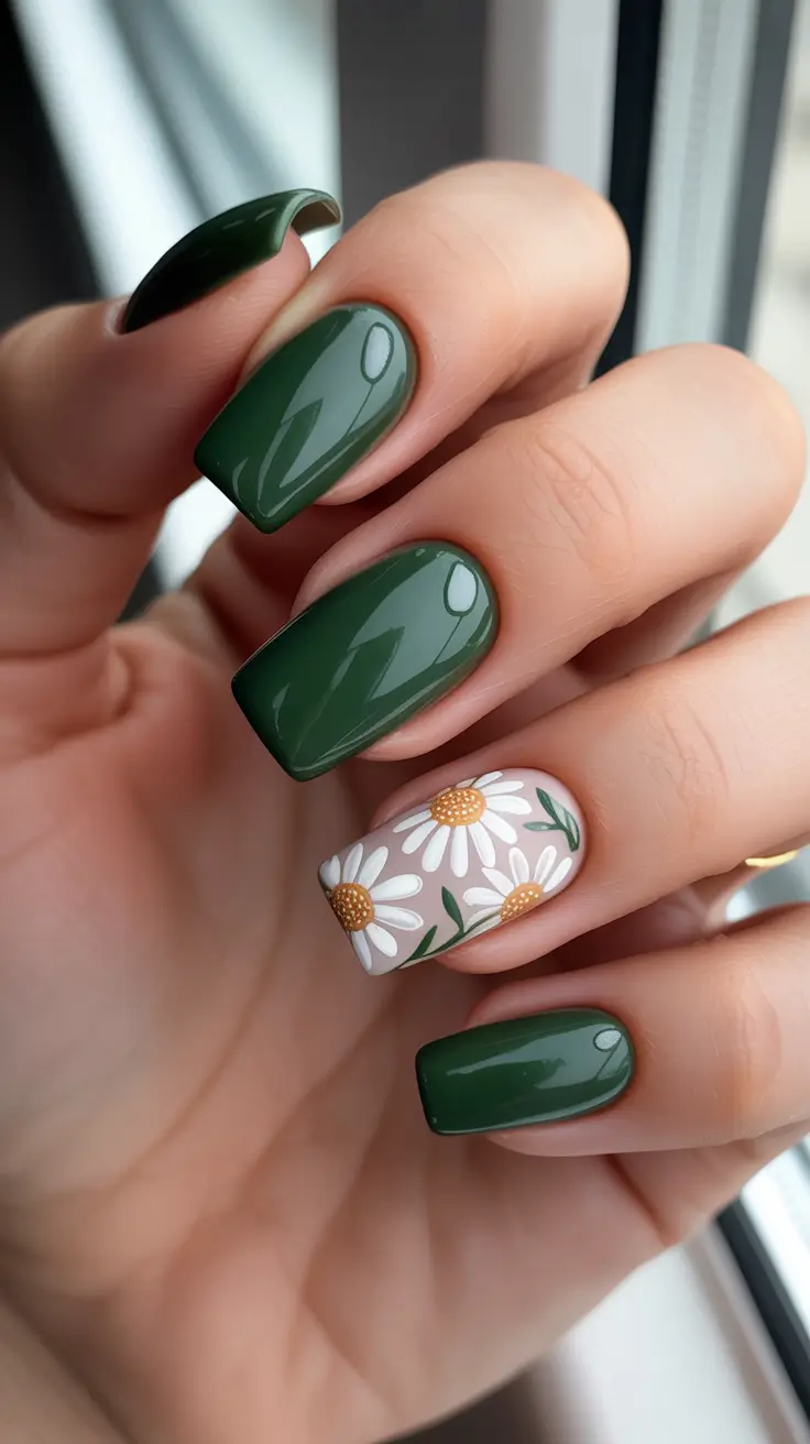 nail design trends 2026 Deep Forest Daisy Squares