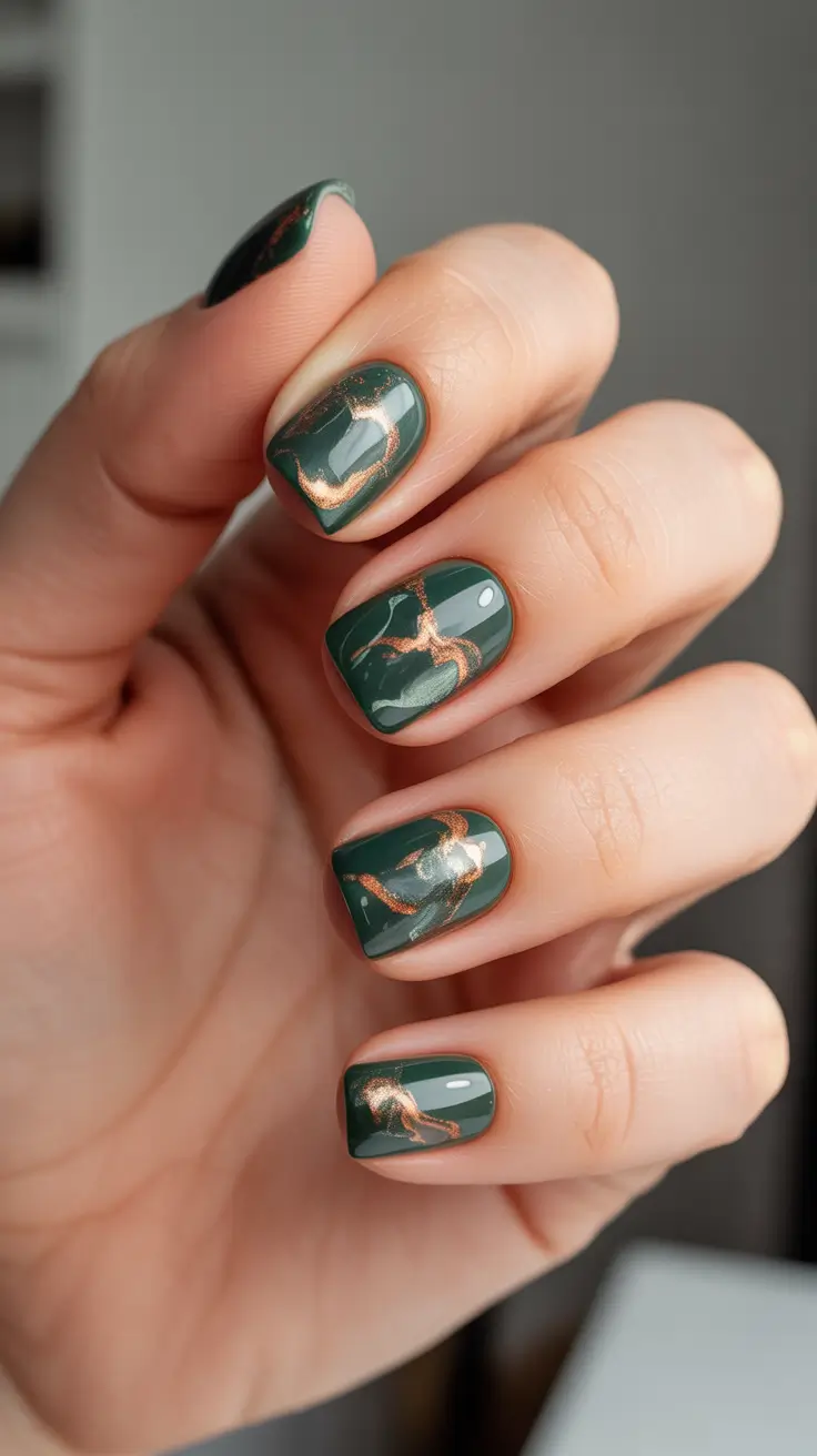 nail design trends 2026 Deep Green Marble Glow Nails