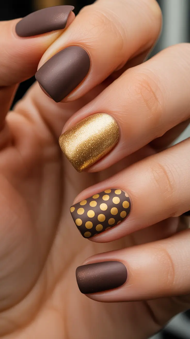 nail design trends 2026 Matte Chocolate And Gold Polka Dot Nails
