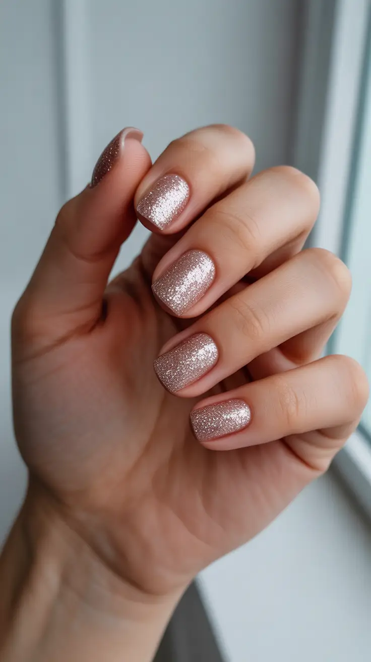 nail inspo aesthetic 2026 - Rose Gold Sparkle Short Set