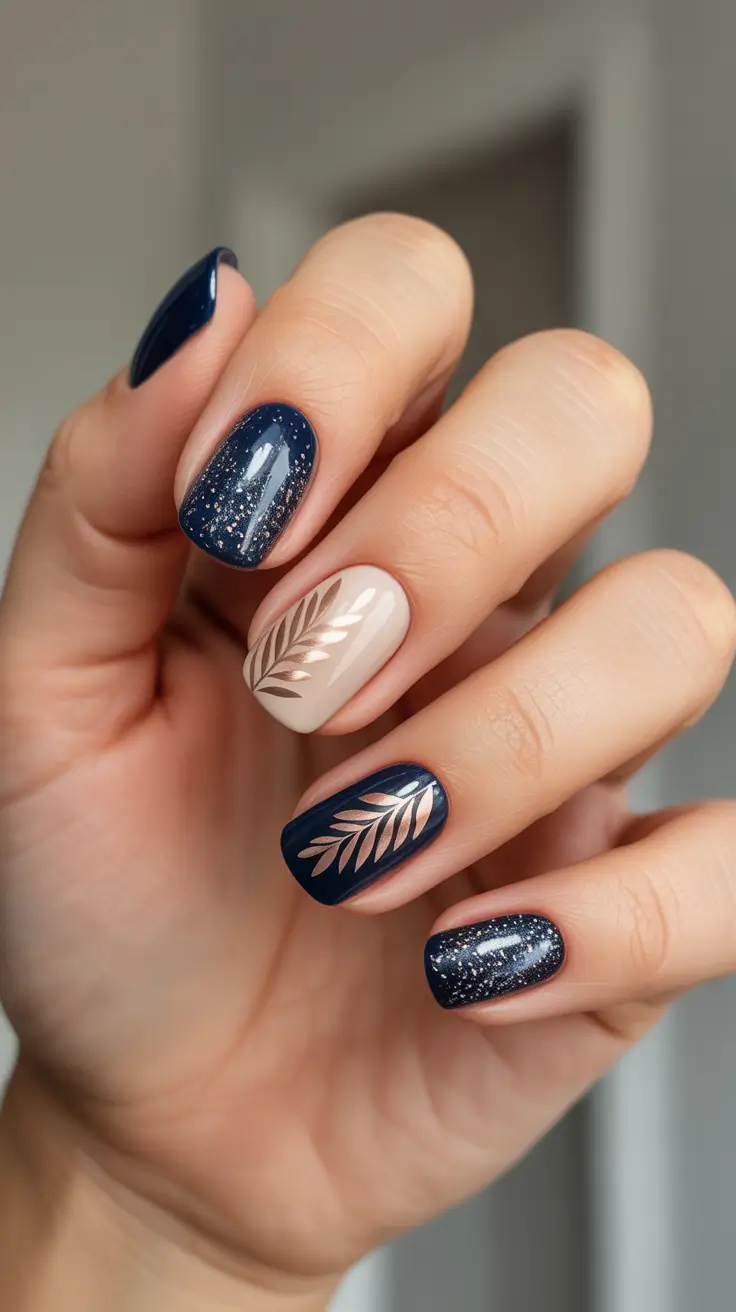 nail inspo aesthetic 2026 Midnight Navy And Rose Gold Leaf Mix