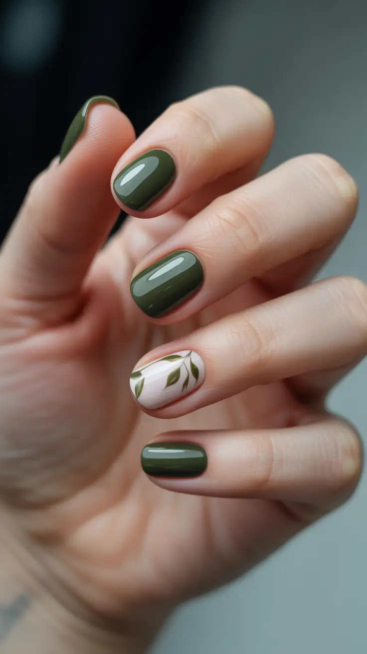 short natural nails 2026 Deep Olive Gloss With Botanical Accent