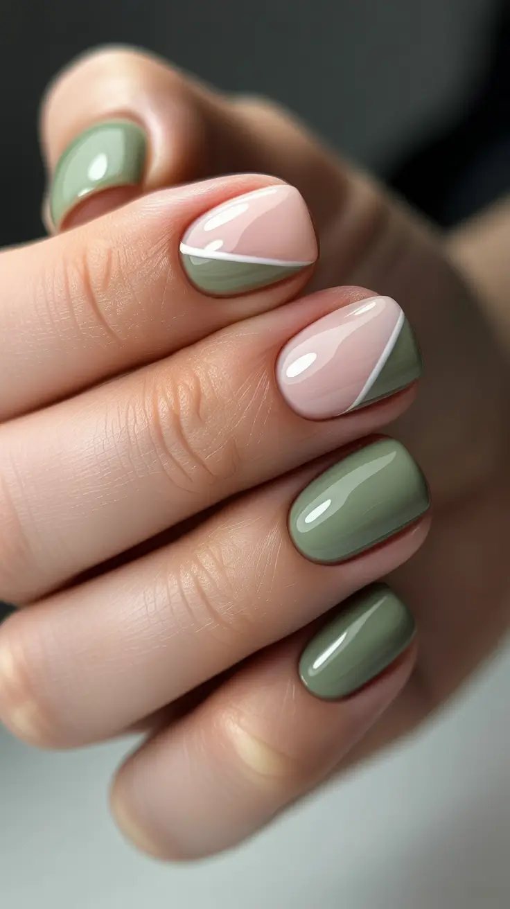 short natural nails 2026 Olive And Milky Nude Geometric French Tip