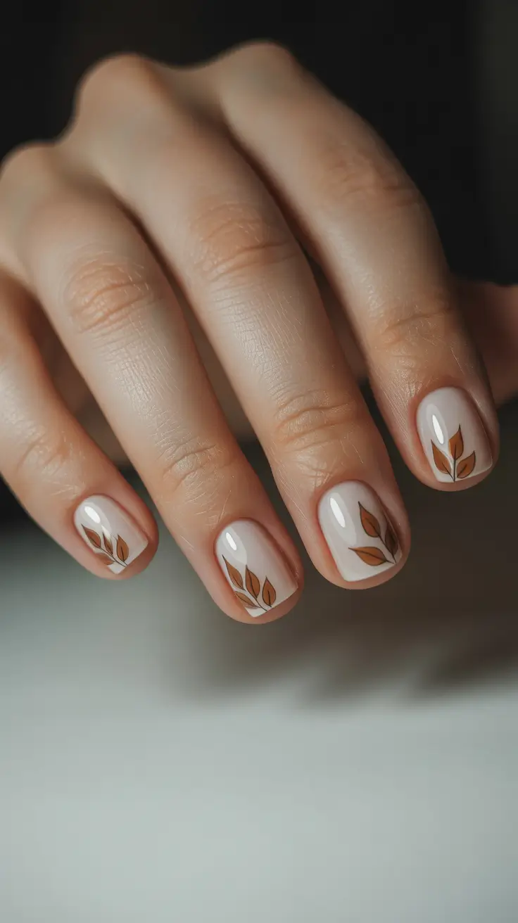 short natural nails 2026 Milky Nude Nails With Mini Autumn Leaf Art