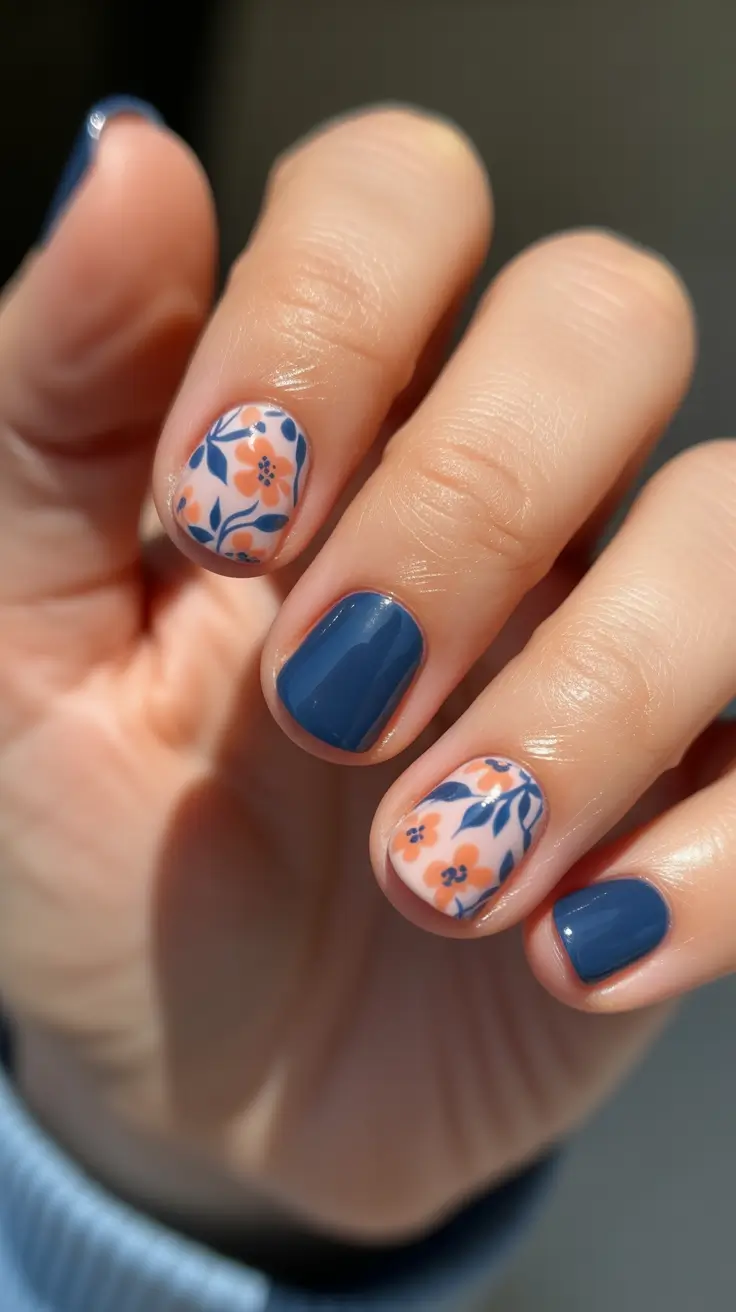 short natural nails 2026 Navy Blue And Peach Floral Mix For A Modern Pop