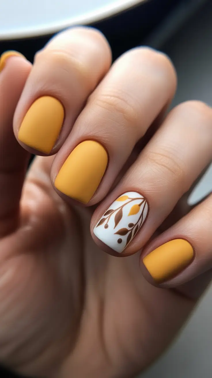 short natural nails 2026 Matte Mustard Nails With Botanical Accent Art