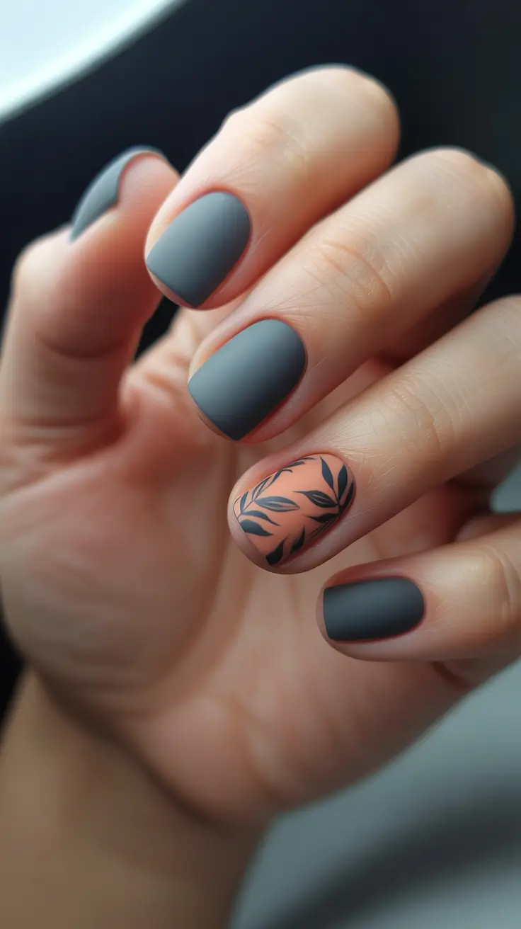 short natural nails 2026 Charcoal Matte Nails With Subtle Leaf Accent
