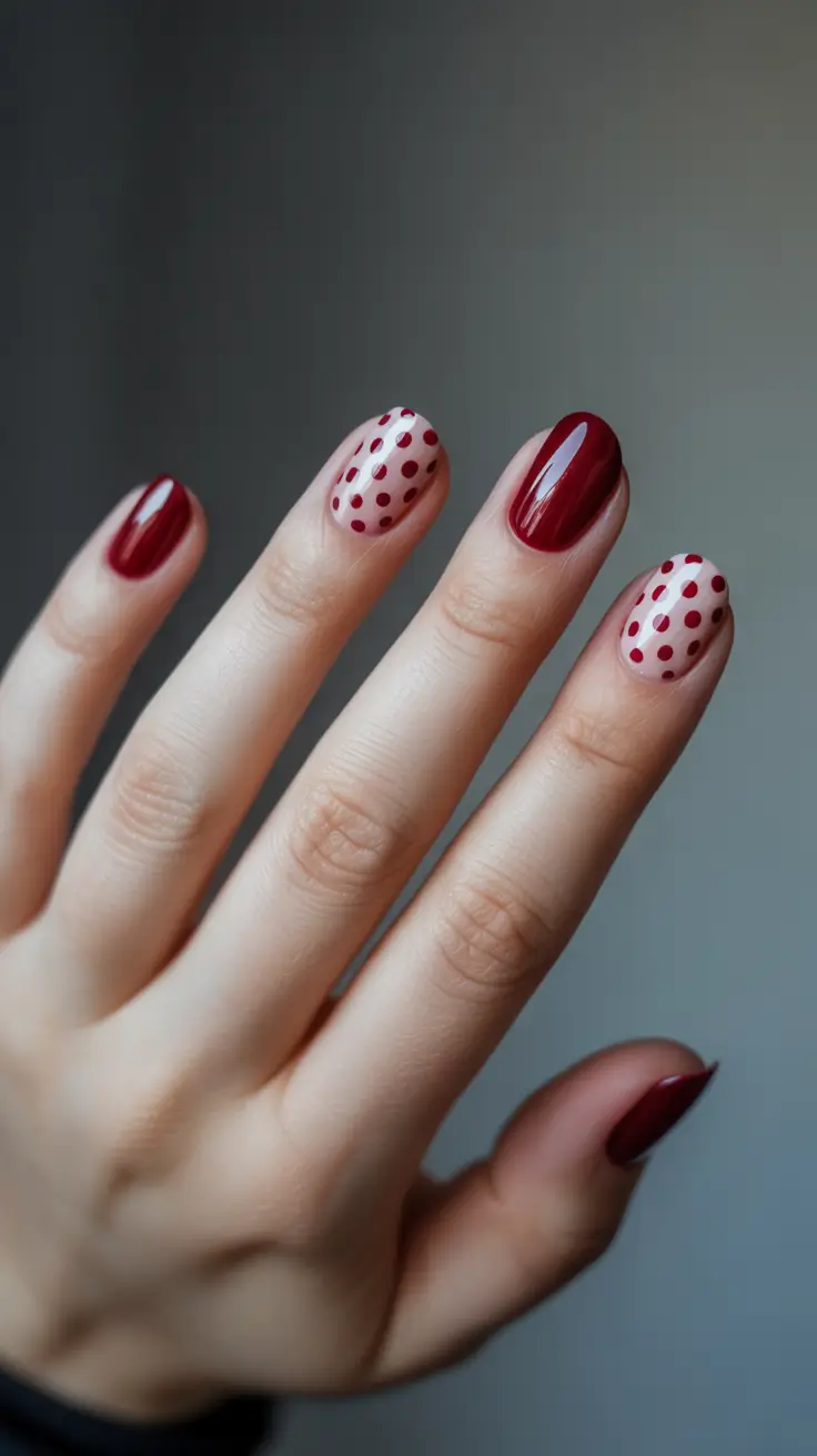 short natural nails 2026 Cherry Red Minimal With Polka Accent