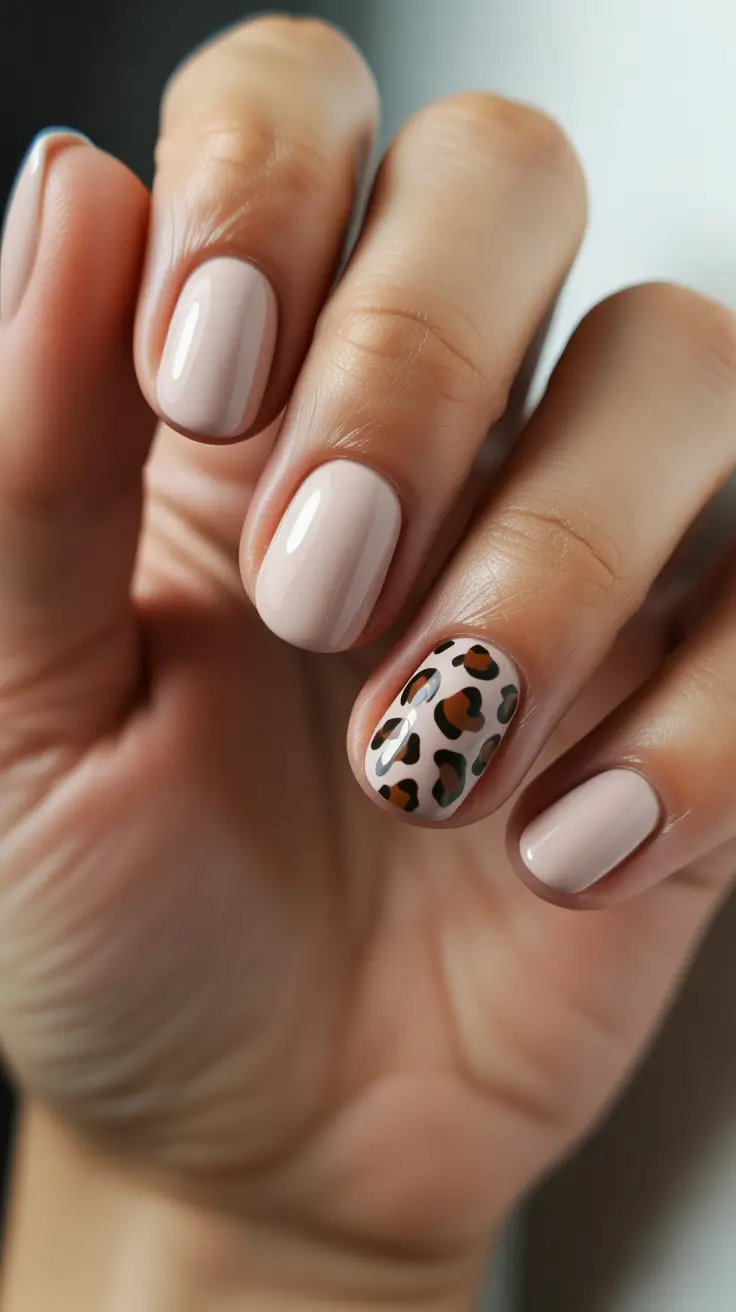 short natural nails 2026 Soft Nude With Leopard Pop