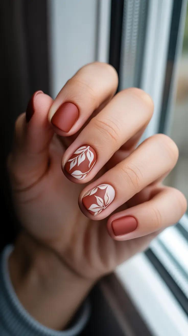 short natural nails 2026 Terracotta Matte With White Botanical Art