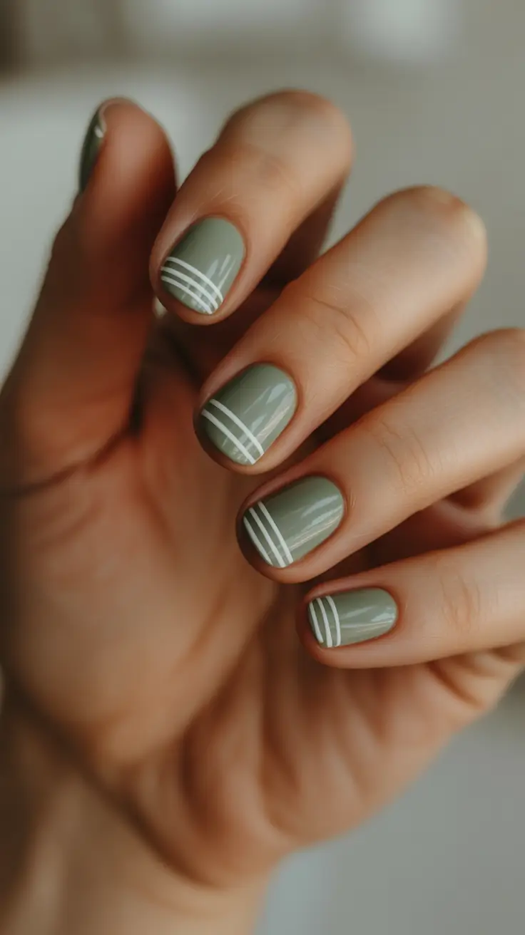 short natural nails 2026 Sage Green Micro Stripe Minimalism