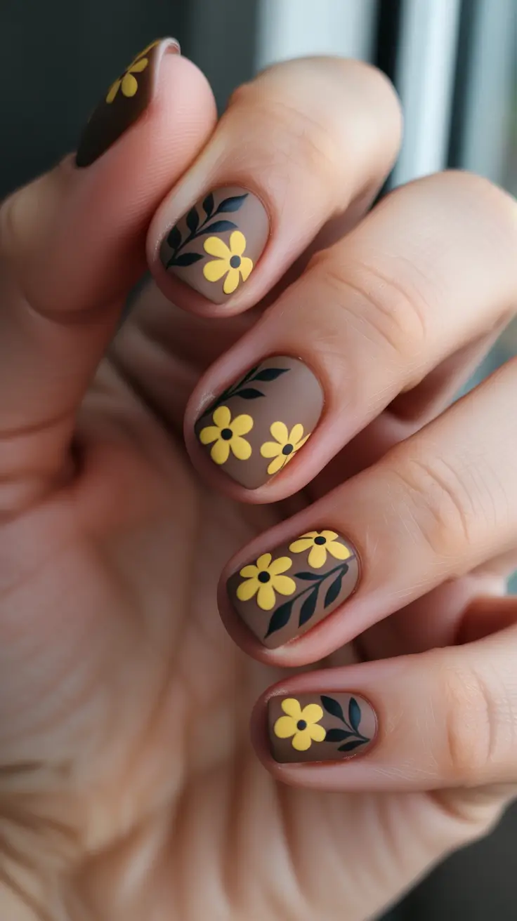 short natural nails 2026 Chocolate Floral Pop With Yellow Petals