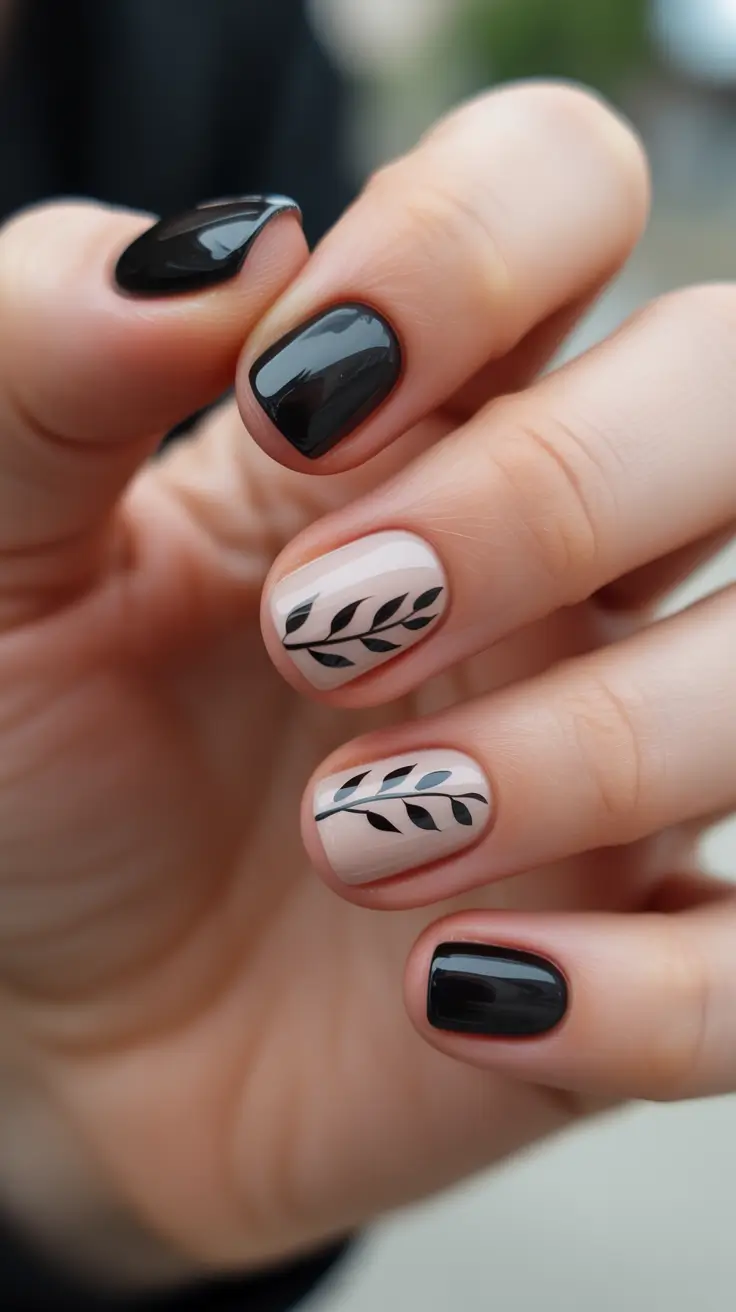 short natural nails 2026 Black And Nude Leafline Contrast