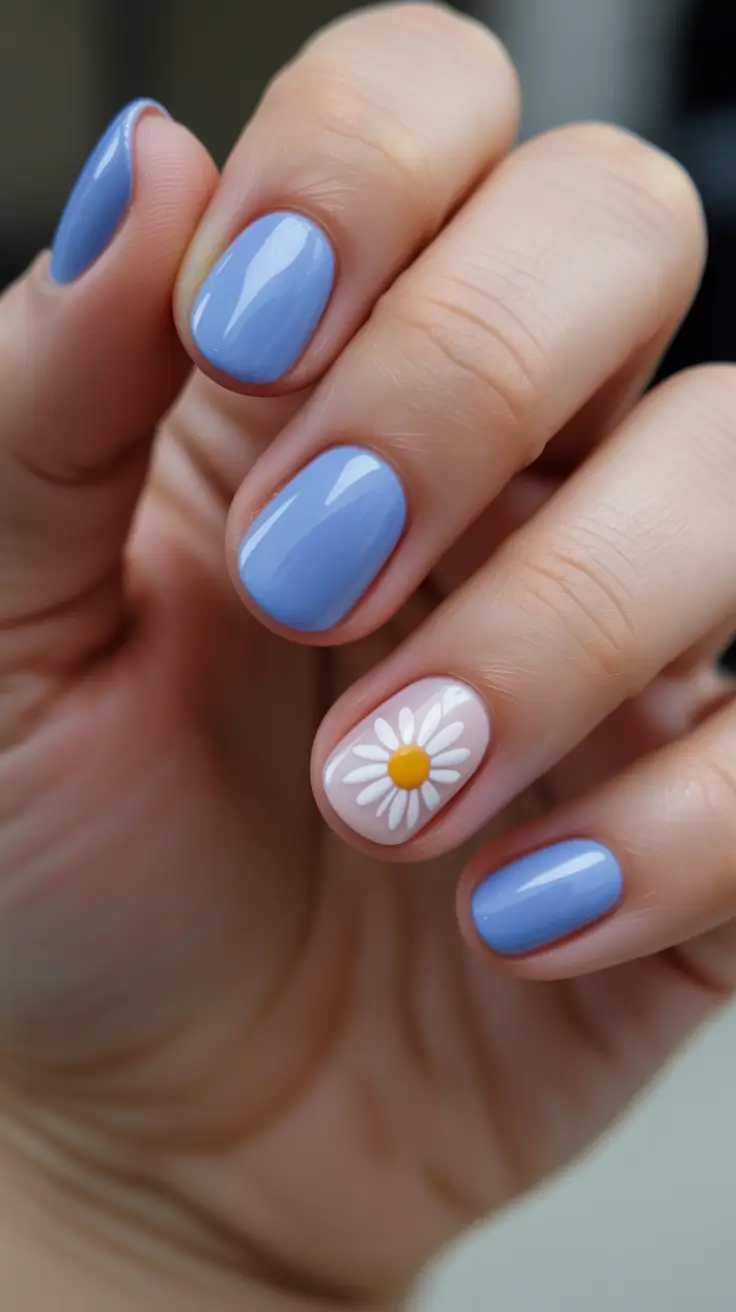 short natural nails 2026 Sky Blue Daisy Accent For Summer Energy