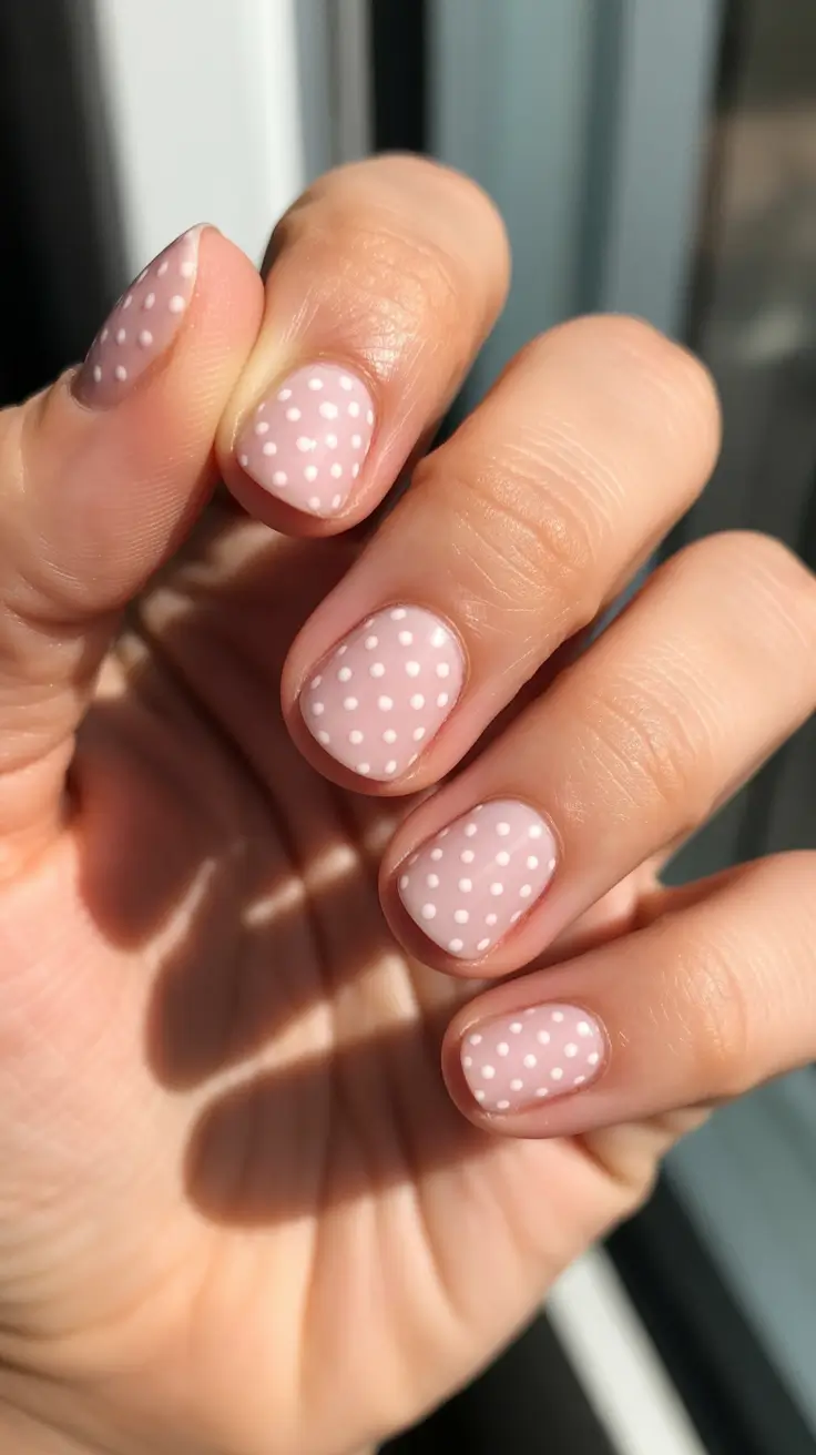 short natural nails 2026 Blush Pink Micro Polka Perfection