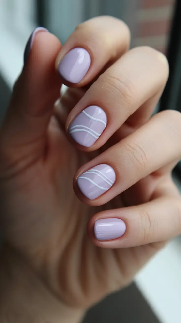short natural nails 2026 Soft Lilac Gloss With Fine White Waves