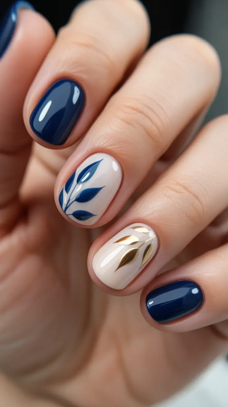 short natural nails 2026 Navy And Cream Botanical Mix With Metallic Touch