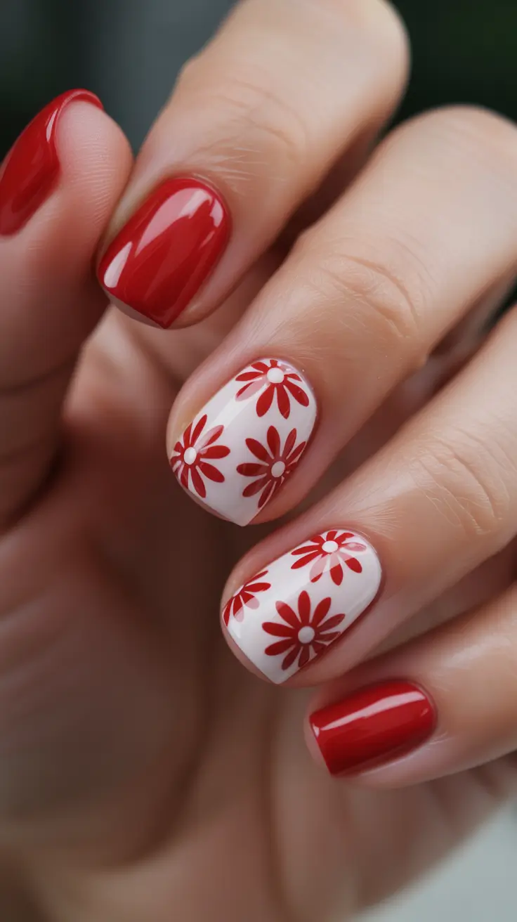 short natural nails 2026 Cherry Red Daisy Accent For A Bright Summer Pop