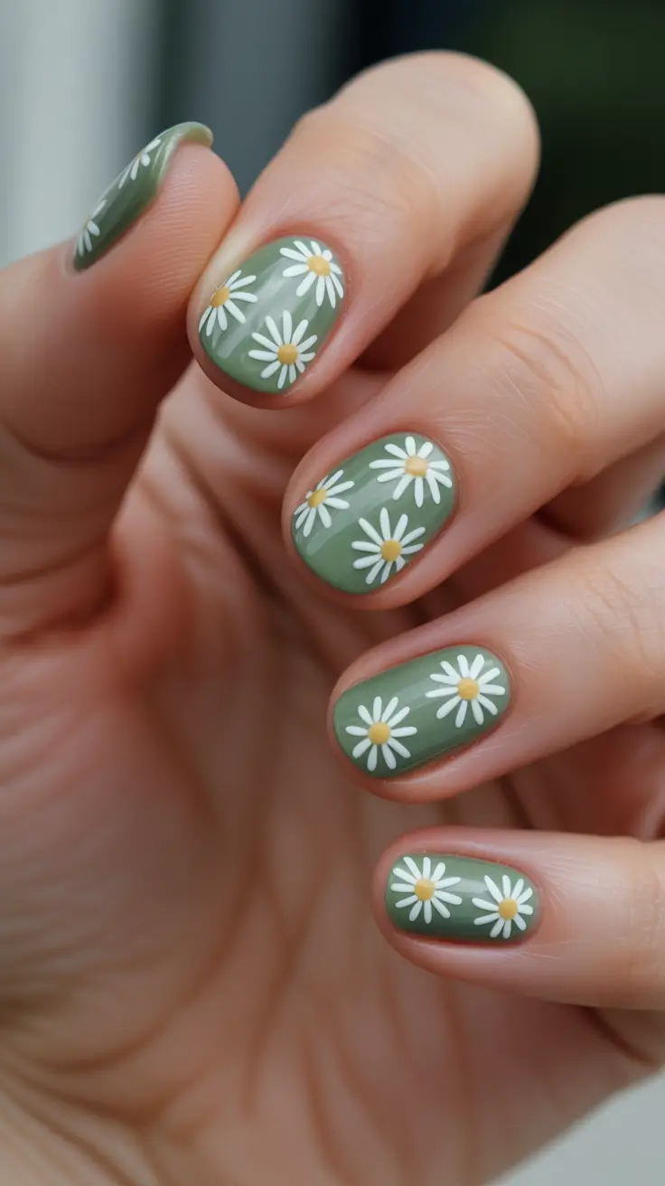 short natural nails 2026 Sage Green Daisies For A Cozy Cottage Mood