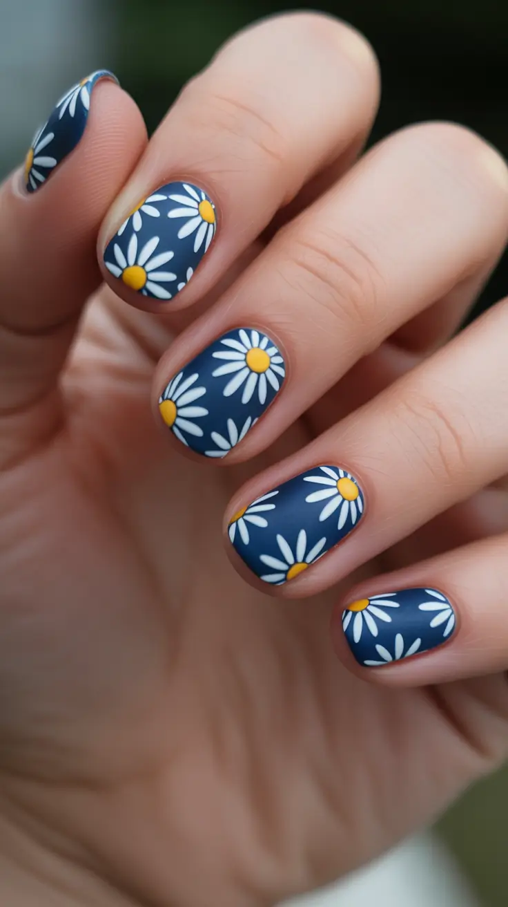 short natural nails 2026 Deep Navy Daisy Print For Bold Short Nails