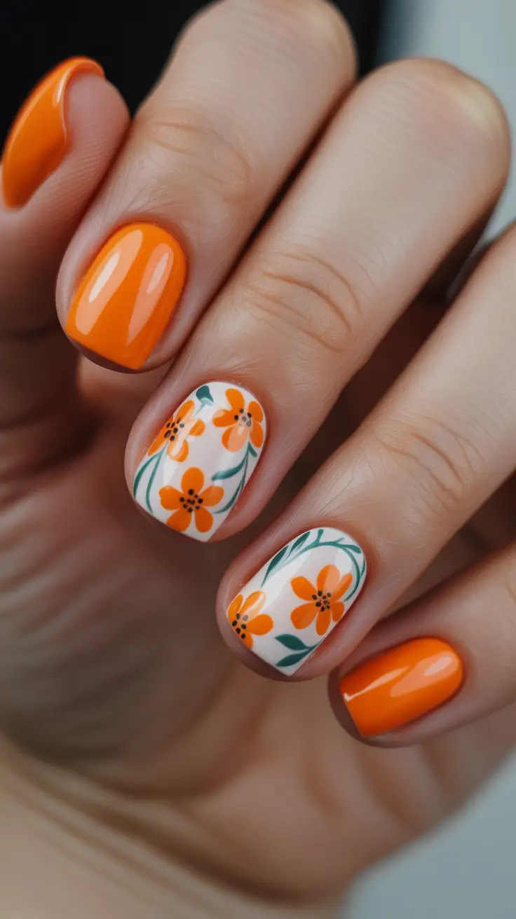 neon orange nails 2026 - Garden Tile Florals On Short Glossy Nails