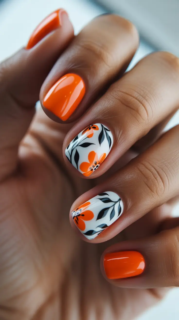 neon orange nails 2026 Botanical Orange With Clean White Art Accents