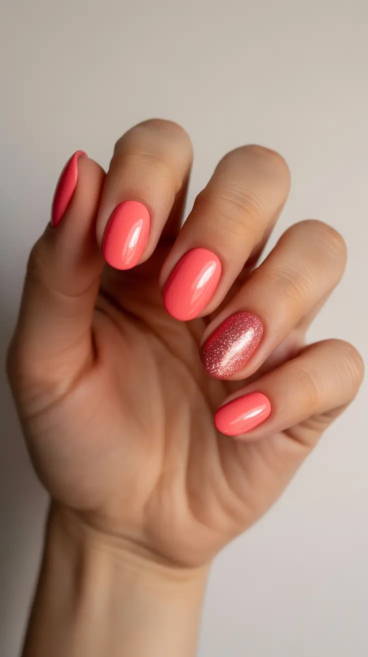 pink nails inspiration 2026 - Juicy Coral Glitter Accent