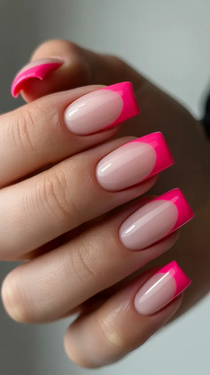 pink nails inspiration 2026 - Neon French Square Energy