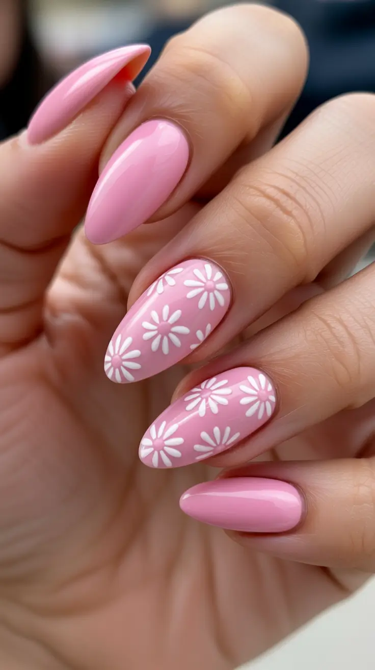 pink nails inspiration 2026 - Daisy Meadow Almond Pink