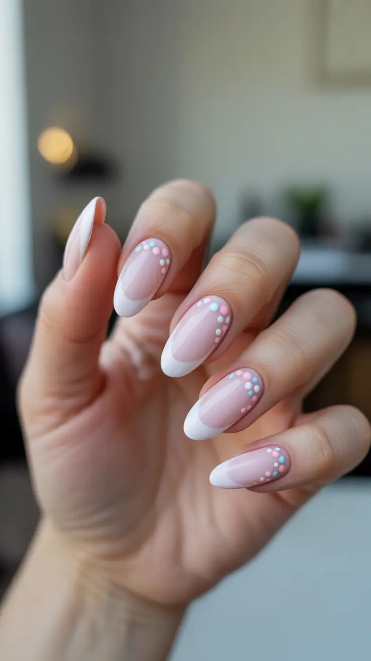 pink nails inspiration 2026 - Pastel Dot French Almond
