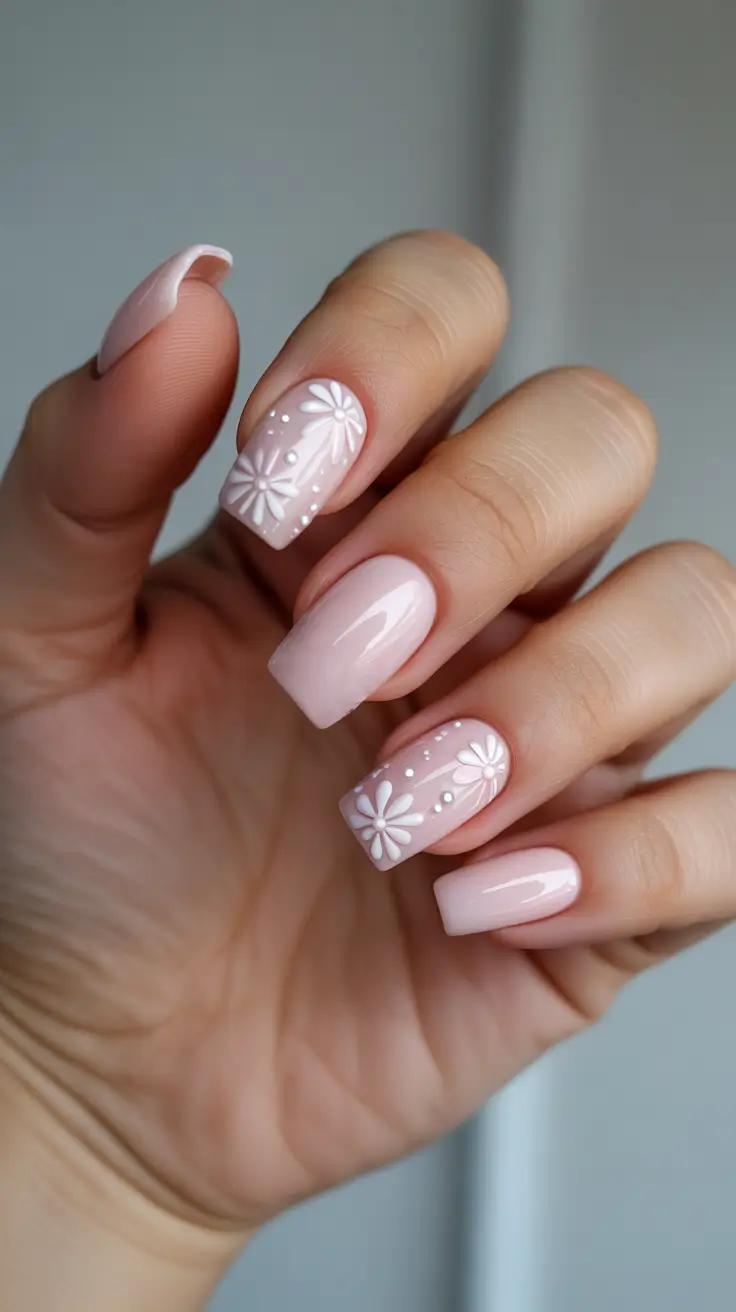 pink nails inspiration 2026 Blush Daisy Square Tips