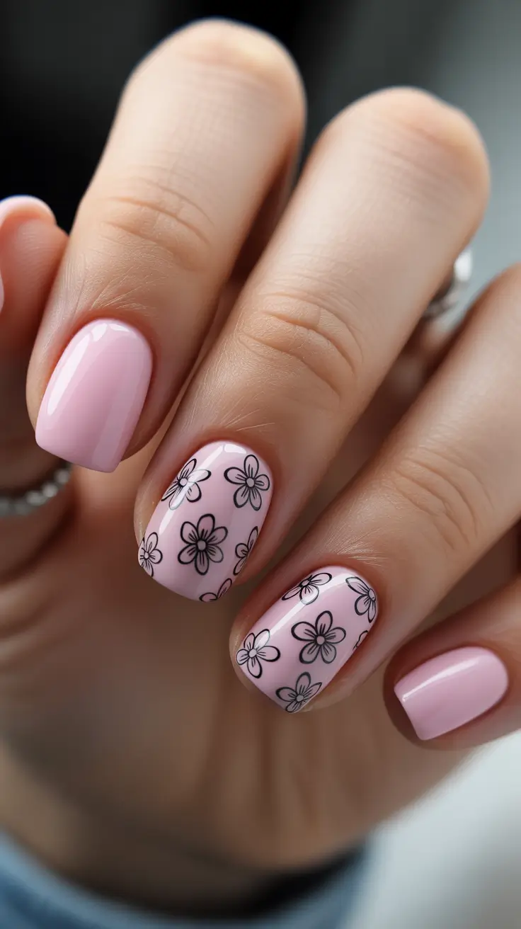 pink nails inspiration 2026 Soft Pink Floral Outline