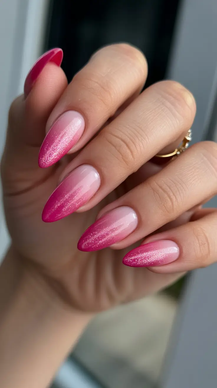 pink nails inspiration 2026 - Magenta Ombre Almond Glow