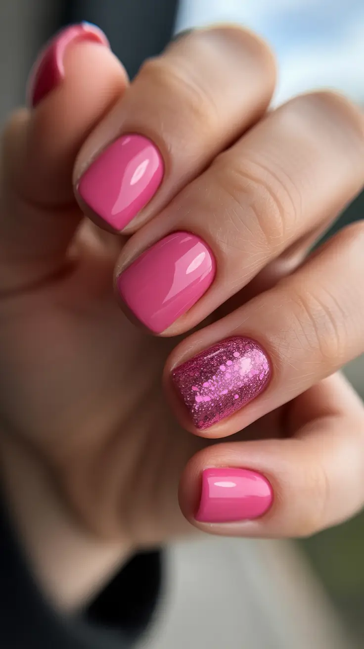pink nails inspiration 2026 Short Pink Glitter Accent