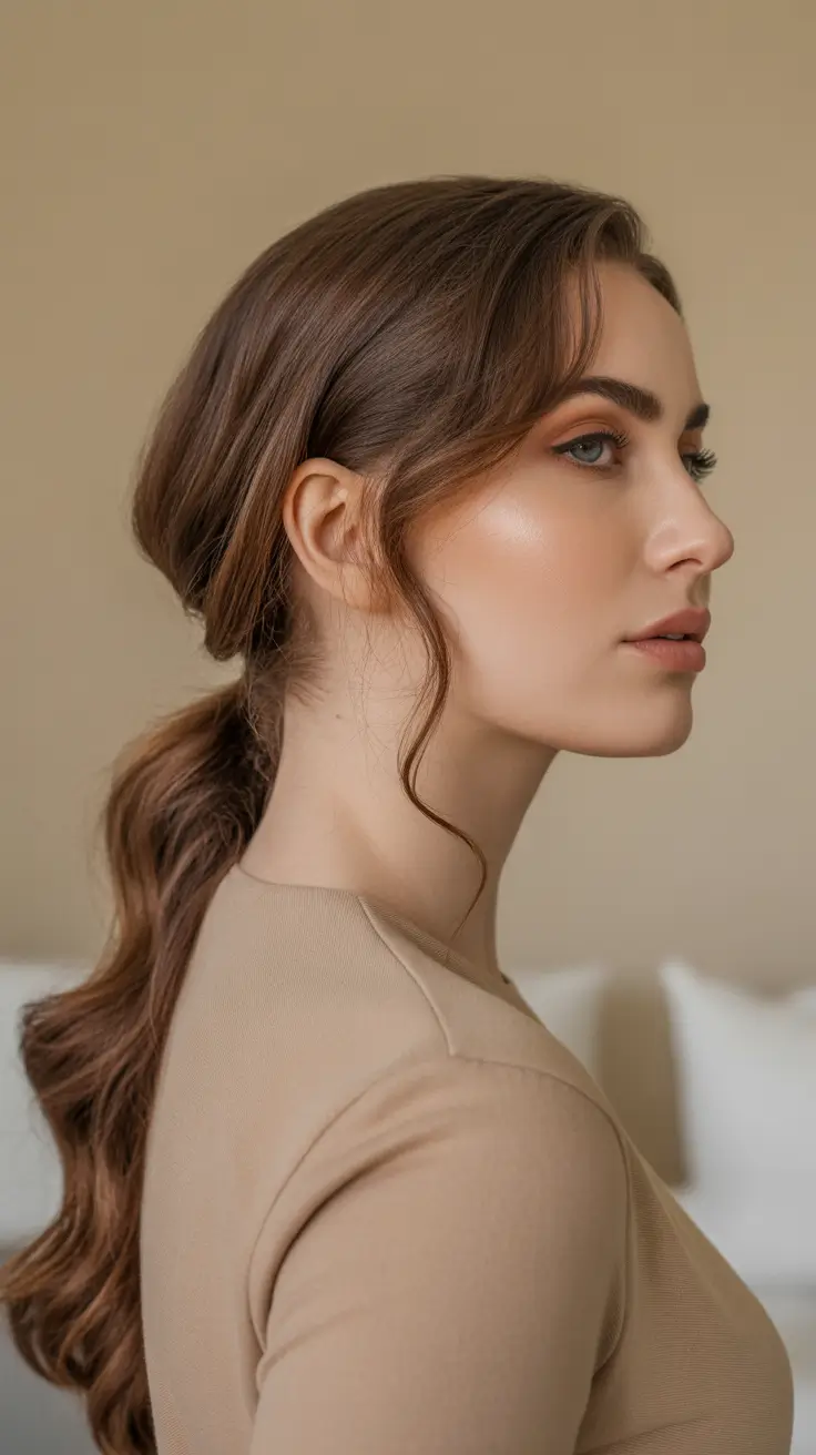 Easy ponytail hairstyles 2026 Soft Low Wave Ponytail With Face-Framing Pieces
