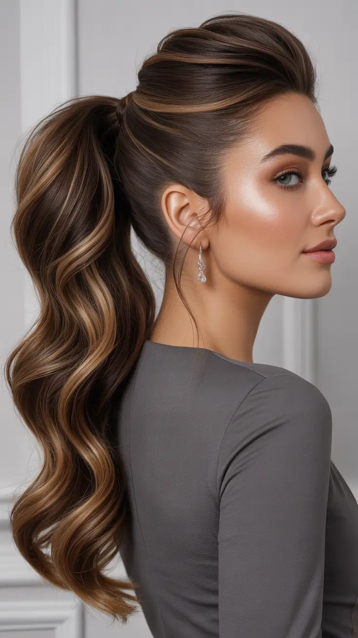 Easy ponytail hairstyles 2026 Voluminous Highlighted Ponytail With Glamorous Waves