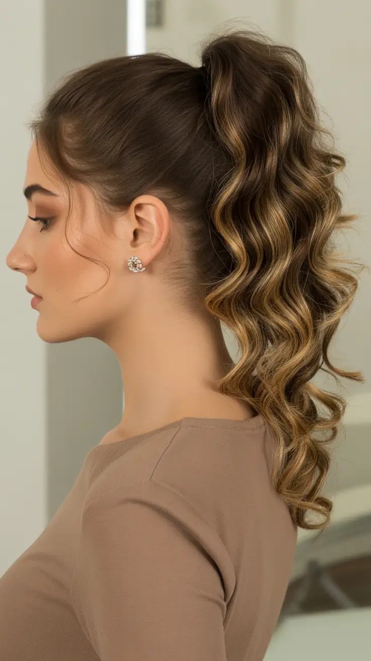 Easy ponytail hairstyles 2026 High Curly Ponytail With Dimensional Highlights